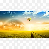 蓝天白云夕阳草丛