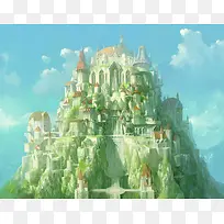 绿色山峰城堡插画