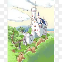 手绘创意合成森林城堡白云