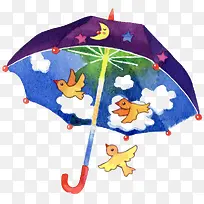 儿童画雨伞下的鸟儿们