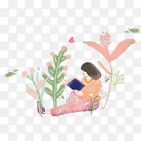 坐在花丛中看书的女孩
