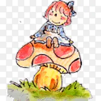 创意合成坐在蘑菇上面的小女孩