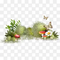 手绘蘑菇蝴蝶绿叶白花