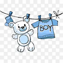 蓝色晾衣绳和玩具熊