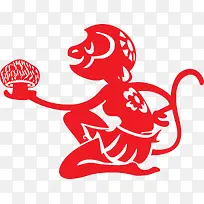 中式红色剪纸猴子