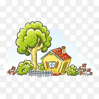 树木 房子 卡通 绿色 装饰图案