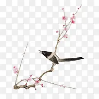 手绘花枝红色花朵喜鹊