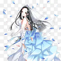 手绘蓝色羽毛女孩