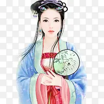 蓝衣白扇子女子古风立绘