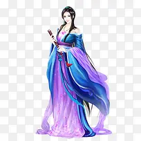 紫衣折扇美女古风手绘