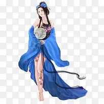 彩绘立绘蓝衣服拿着扇子美女