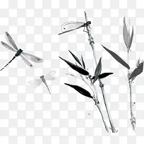 蜻蜓竹子水墨画矢量图