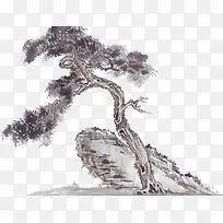 中国古风水墨岩树
