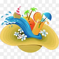 夏季沙滩帽海浪果汁海报