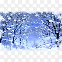 白色手绘冬季雪地树林海报背景