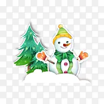 卡通冬季树木雪人