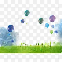 手绘水彩气球草地装饰背景