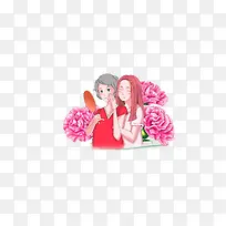 粉色卡通花朵母女装饰图案