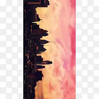 红色天空渲染繁华城市建筑高清合成摄影