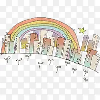 手绘彩色城市彩虹
