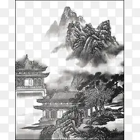 水墨山水画山峦古建筑