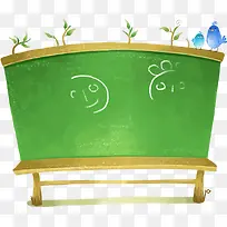 手绘水彩绿色的小黑板小鸟