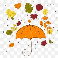 童趣雨伞下雨落叶插画矢量素材