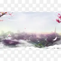蓝天紫色场景桃花