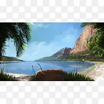 湖水蓝天白云森林