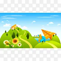手绘海报夏日风景白云效果设计