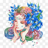 少女和蓝色鲜花