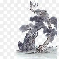 中国风岩石松树