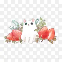 卡通白色小猫和草莓