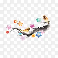 手绘中国风彩色花朵水墨