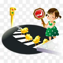 儿童绘画卡通形象过红绿灯