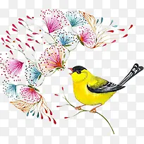春天水彩手绘小鸟植物