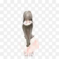 水彩女孩背影