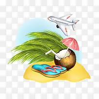飞机下的人字拖和椰子插画