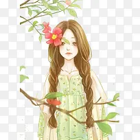 手绘清新美女树枝