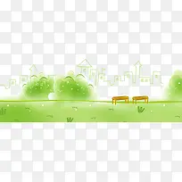 手绘绿色树林建筑
