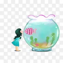 鱼缸 海鱼 小女孩亲吻小鱼png素材