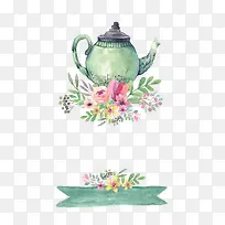 手绘绿色水彩茶壶花朵