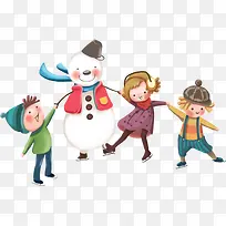 手绘冬季雪人小孩