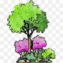 手绘绿色大树紫色小花