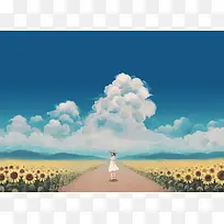 手绘卡通向日葵田