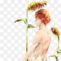 手绘少年和向日葵