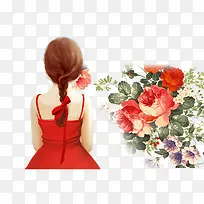 手绘人物背景花朵