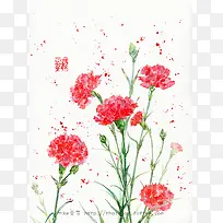 红色手绘田园花朵植物