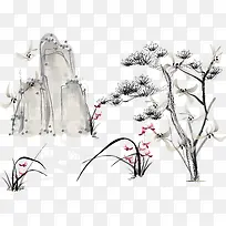 手绘日本风格花卉假山矢量图