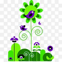 绿色春天卡通花朵紫色小鸟